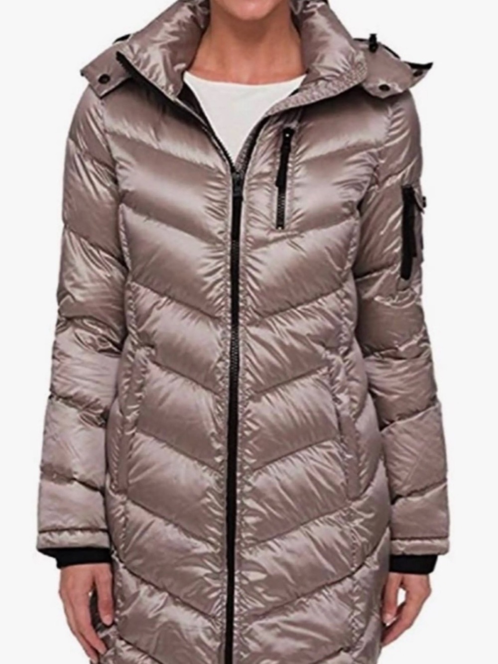 Andrew Marc Shimmery Taupe Chevron Quilted Long Puffer Coat